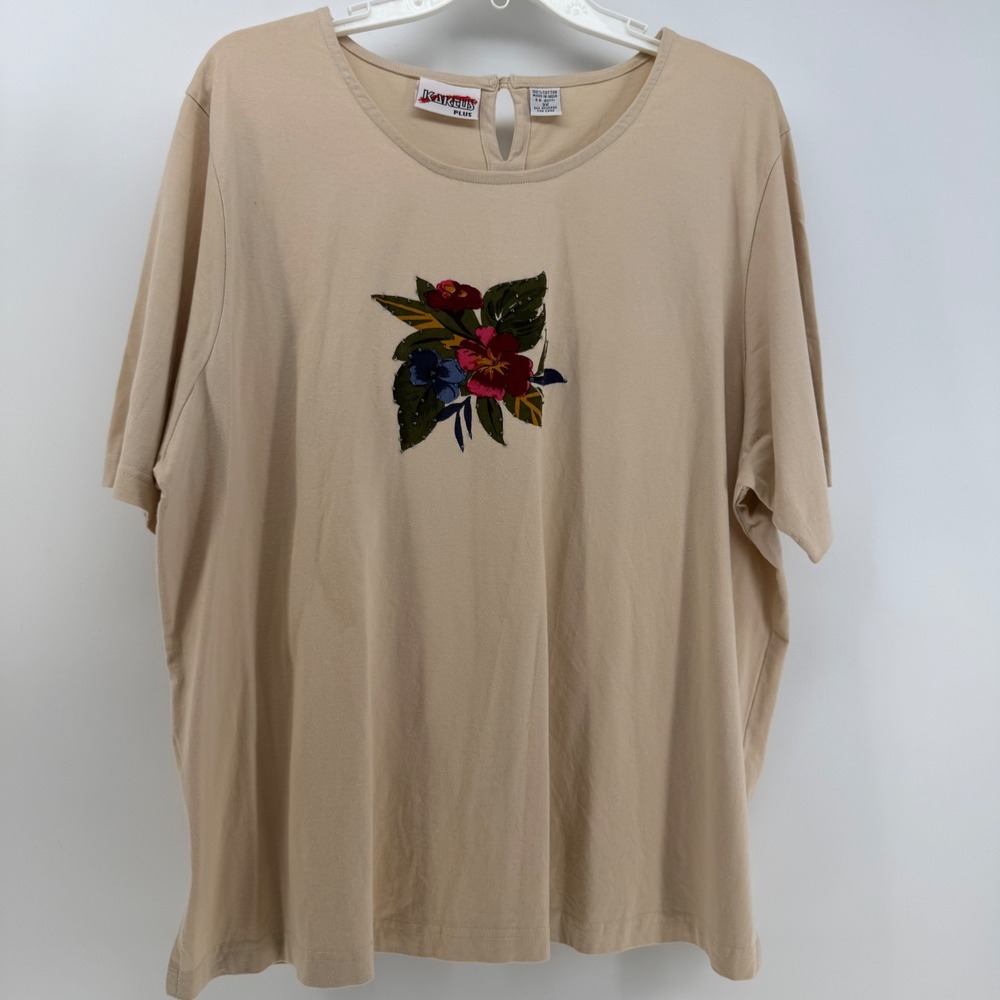 Kaktus T-Shirt Women 3X Beige Floral Beaded Cotton Short Sleeve Keyhole VTG Boho